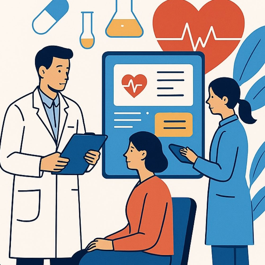 Flat lay of stethoscope, blank paper, and pen on blue surface, ideal for medical themes.